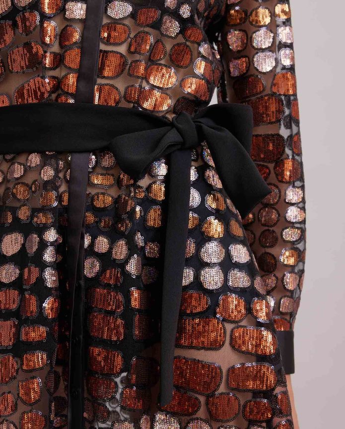 ملابس عبد اللطيف Anne Fontaine نحيف فستان سافانتي فستان طويل شبكي شفاف مطرز بالترتر ومزين بتفاصيل من الحرير أسود T622DL101