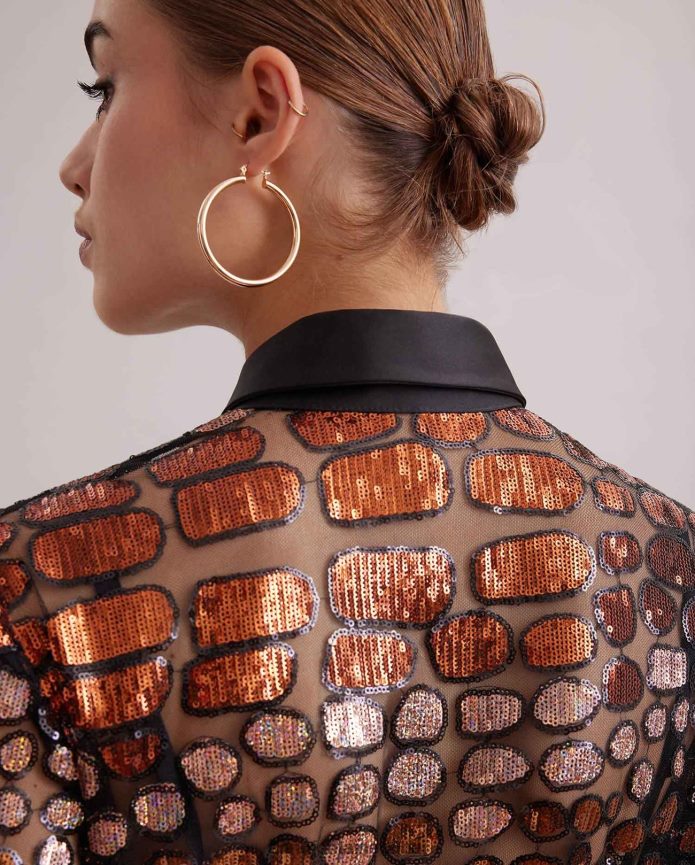 ملابس عبد اللطيف Anne Fontaine نحيف فستان سافانتي فستان طويل شبكي شفاف مطرز بالترتر ومزين بتفاصيل من الحرير أسود T622DL101