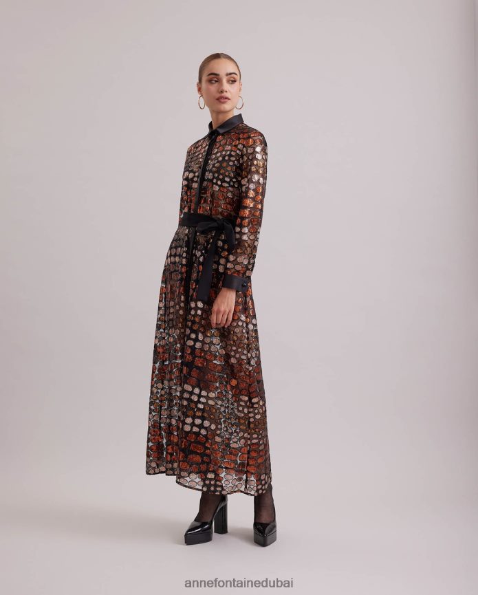 ملابس عبد اللطيف Anne Fontaine نحيف فستان سافانتي فستان طويل شبكي شفاف مطرز بالترتر ومزين بتفاصيل من الحرير أسود T622DL101