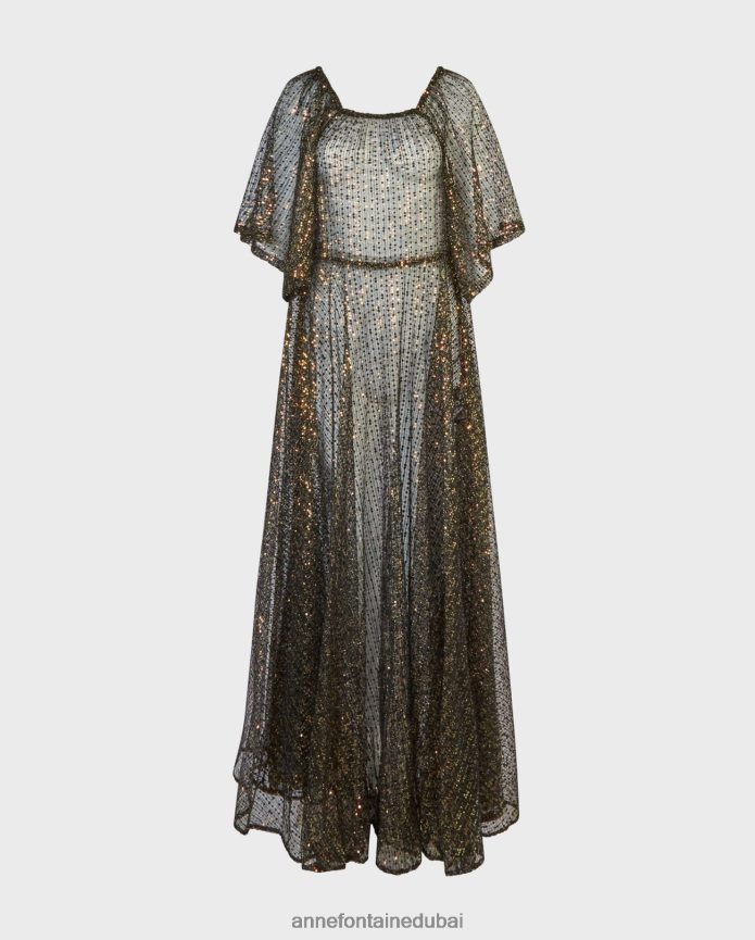 ملابس عبد اللطيف Anne Fontaine نحيف فستان باروكي، فستان طويل شفاف ومطرز بالترتر قزحي الألوان أسود T622DL102