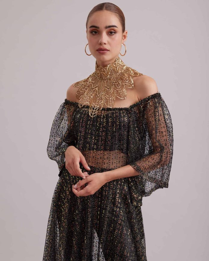 ملابس عبد اللطيف Anne Fontaine نحيف فستان باروكي، فستان طويل شفاف ومطرز بالترتر قزحي الألوان أسود T622DL102