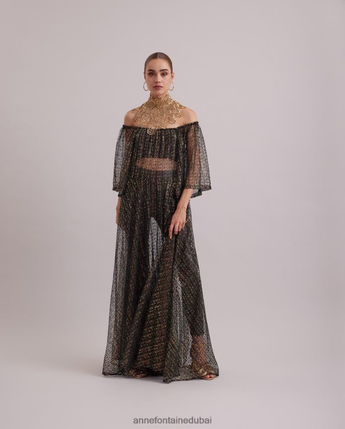 ملابس عبد اللطيف Anne Fontaine نحيف فستان باروكي، فستان طويل شفاف ومطرز بالترتر قزحي الألوان أسود T622DL102