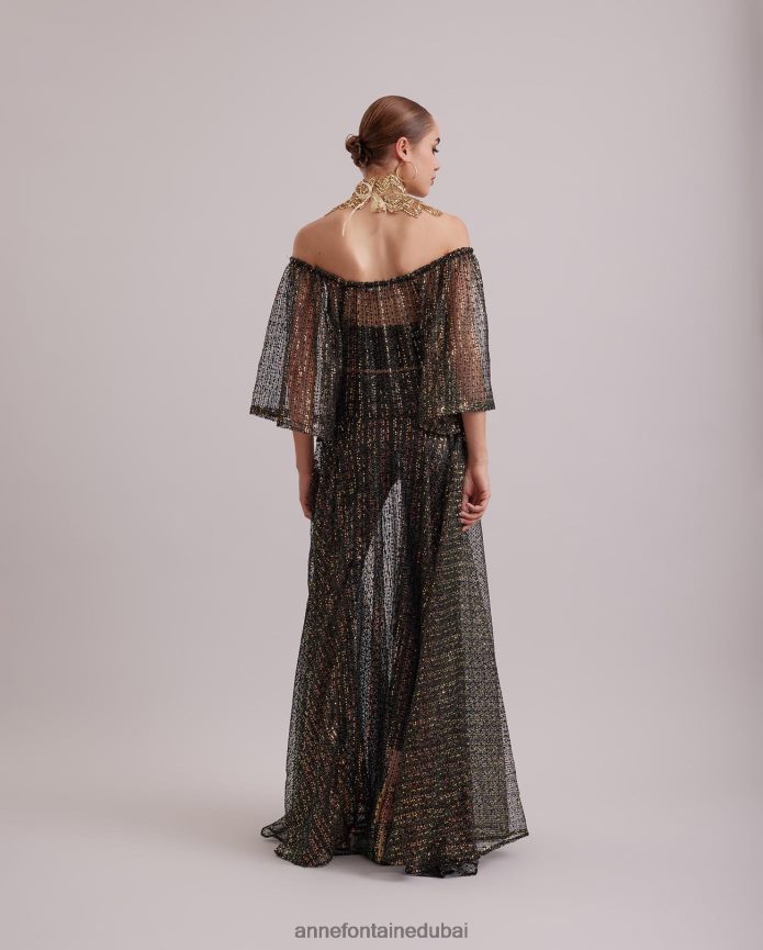 ملابس عبد اللطيف Anne Fontaine نحيف فستان باروكي، فستان طويل شفاف ومطرز بالترتر قزحي الألوان أسود T622DL102