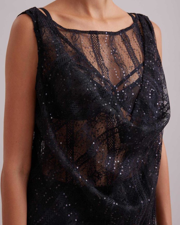 ملابس عبد اللطيف Anne Fontaine نحيف فستان عاطفي بدون أكمام، فستان طويل من الدانتيل الشفاف مع تفاصيل شبكية عمودية وترتر متناغم أسود T622DL104