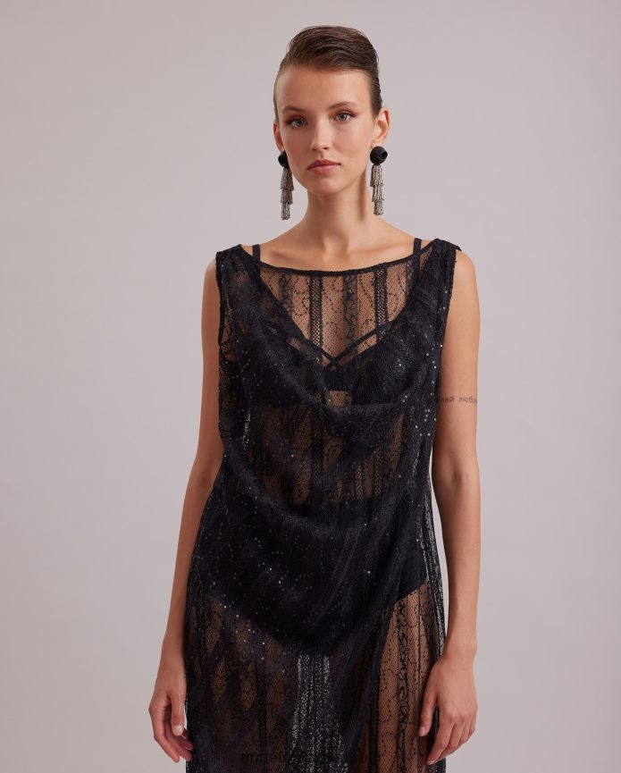 ملابس عبد اللطيف Anne Fontaine نحيف فستان عاطفي بدون أكمام، فستان طويل من الدانتيل الشفاف مع تفاصيل شبكية عمودية وترتر متناغم أسود T622DL104