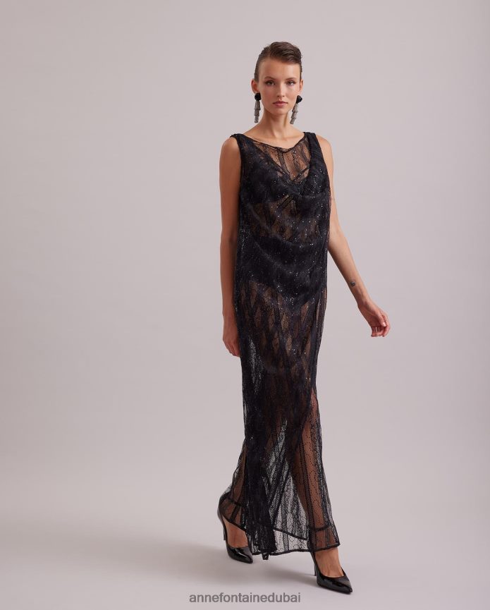 ملابس عبد اللطيف Anne Fontaine نحيف فستان عاطفي بدون أكمام، فستان طويل من الدانتيل الشفاف مع تفاصيل شبكية عمودية وترتر متناغم أسود T622DL104