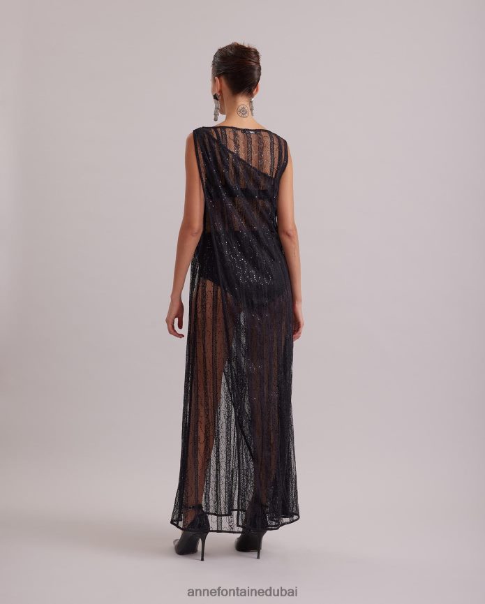 ملابس عبد اللطيف Anne Fontaine نحيف فستان عاطفي بدون أكمام، فستان طويل من الدانتيل الشفاف مع تفاصيل شبكية عمودية وترتر متناغم أسود T622DL104