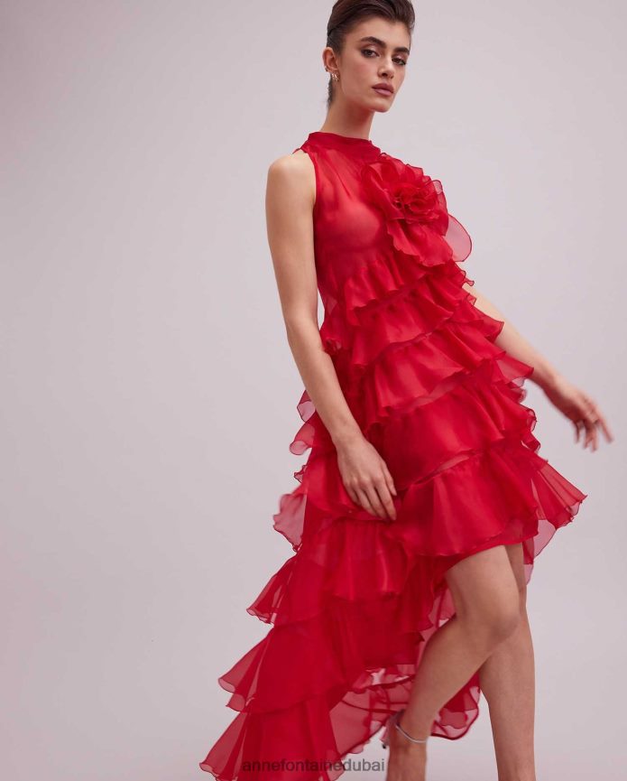 ملابس عبد اللطيف Anne Fontaine نحيف فستان شيريل طويل أحمر من الأورجانزا الحريري مع زخرفة التانغو الأحمر T622DL105