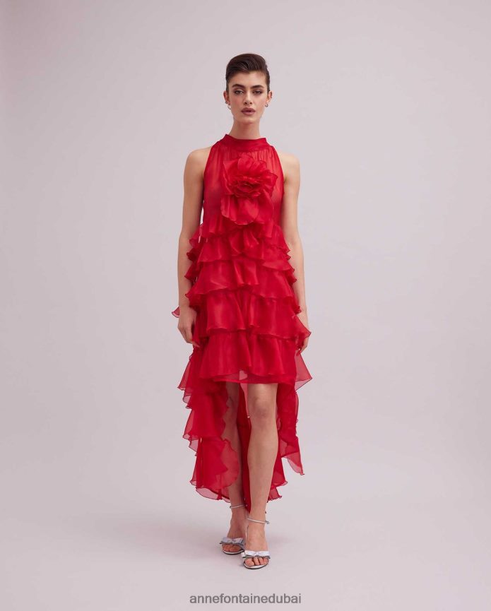 ملابس عبد اللطيف Anne Fontaine نحيف فستان شيريل طويل أحمر من الأورجانزا الحريري مع زخرفة التانغو الأحمر T622DL105