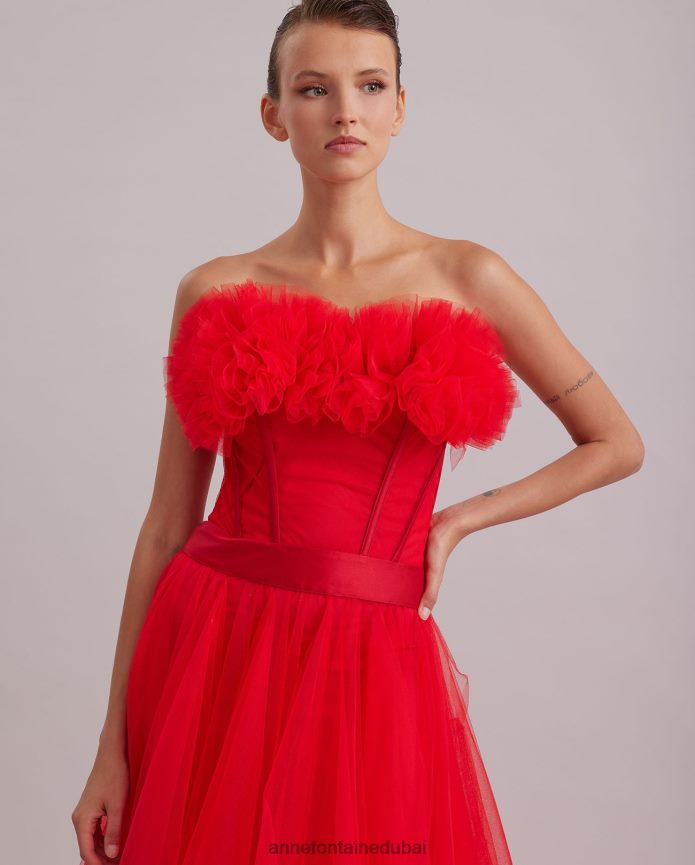 ملابس عبد اللطيف Anne Fontaine نحيف فستان سيكل فستان طويل من الساتان والتول باللون الأحمر بدون حمالات الأحمر الخشخاش T622DL106