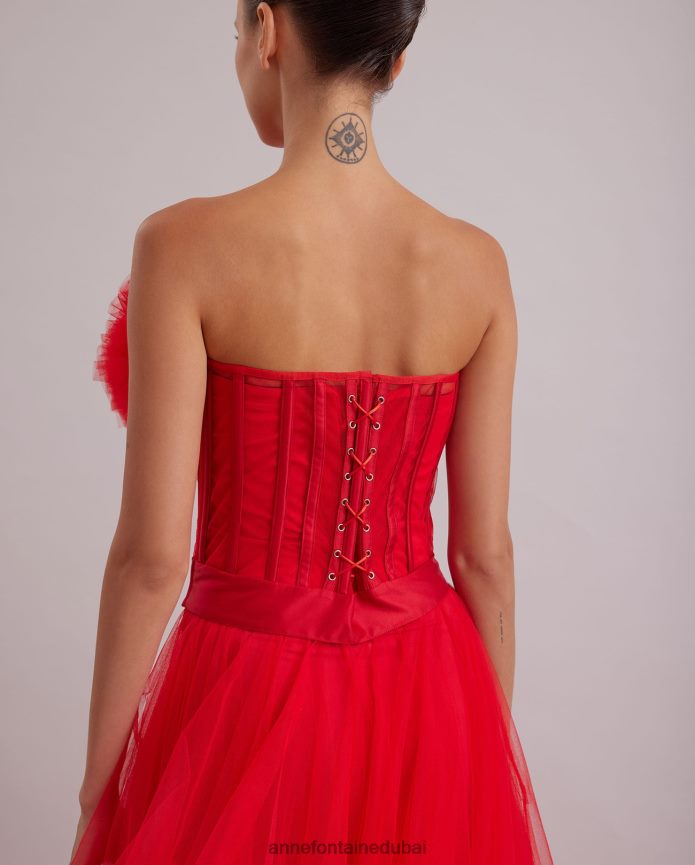 ملابس عبد اللطيف Anne Fontaine نحيف فستان سيكل فستان طويل من الساتان والتول باللون الأحمر بدون حمالات الأحمر الخشخاش T622DL106
