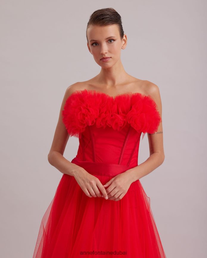 ملابس عبد اللطيف Anne Fontaine نحيف فستان سيكل فستان طويل من الساتان والتول باللون الأحمر بدون حمالات الأحمر الخشخاش T622DL106