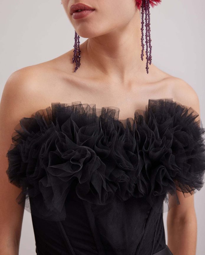 ملابس عبد اللطيف Anne Fontaine نحيف فستان سيكل طويل بدون حمالات من الساتان والتول أسود T622DL107