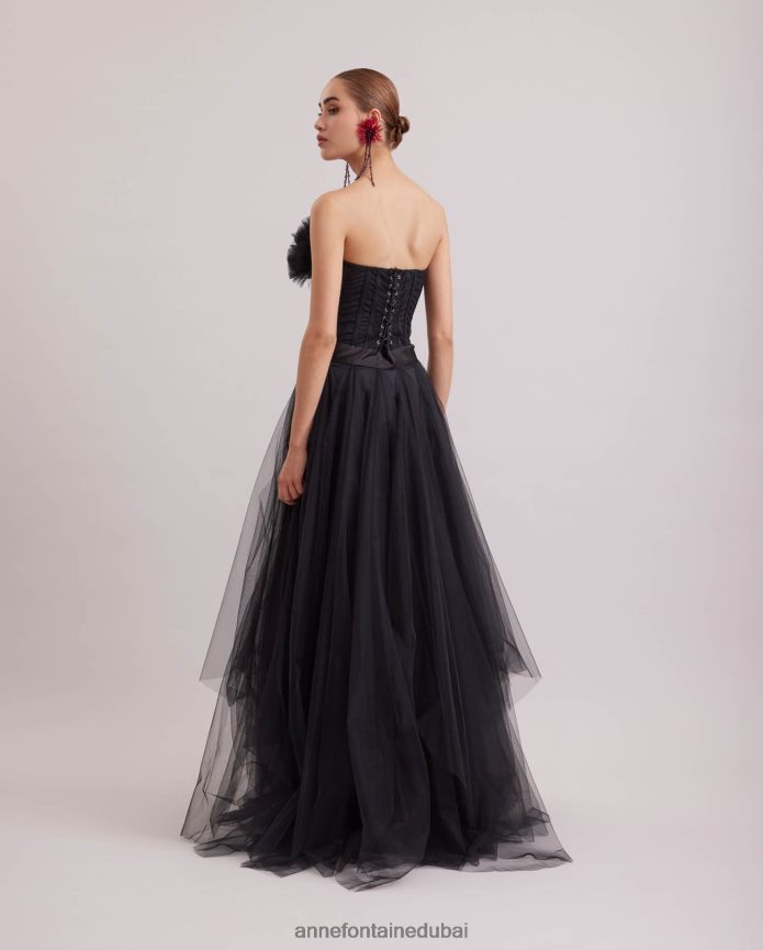 ملابس عبد اللطيف Anne Fontaine نحيف فستان سيكل طويل بدون حمالات من الساتان والتول أسود T622DL107