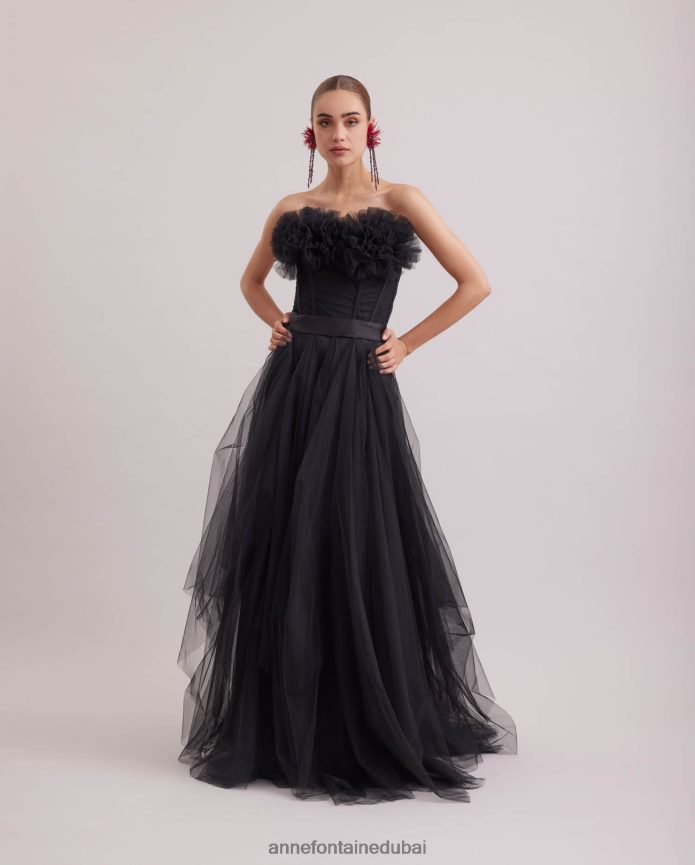 ملابس عبد اللطيف Anne Fontaine نحيف فستان سيكل طويل بدون حمالات من الساتان والتول أسود T622DL107