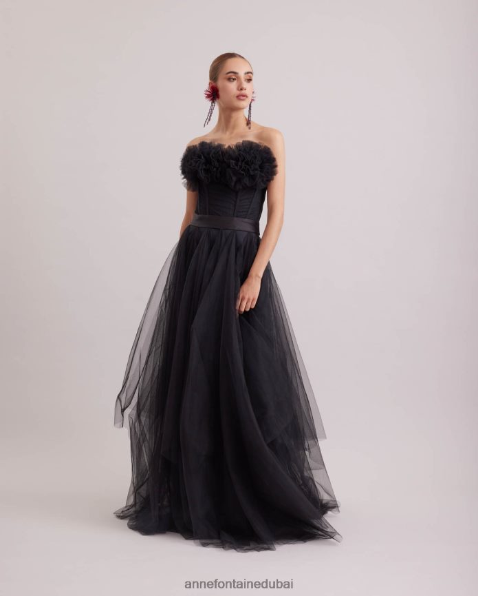 ملابس عبد اللطيف Anne Fontaine نحيف فستان سيكل طويل بدون حمالات من الساتان والتول أسود T622DL107