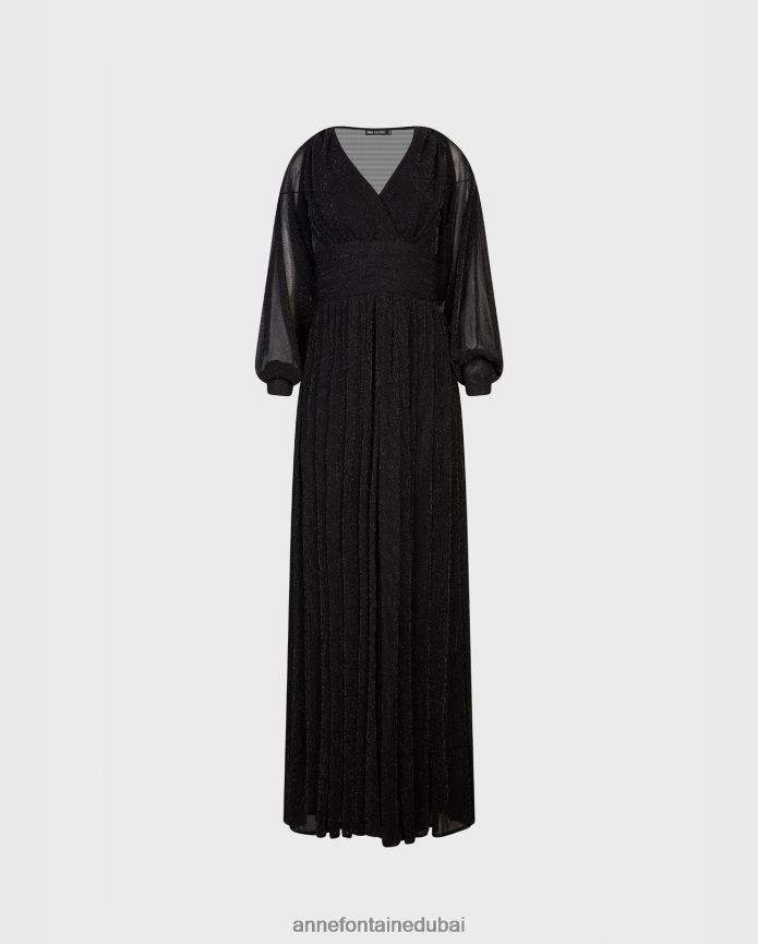 ملابس عبد اللطيف Anne Fontaine نحيف فستان رومانسي، ثوب طويل بخيط معدني في جميع الأنحاء وبوليرو قصير الفضة السوداء T622DL108