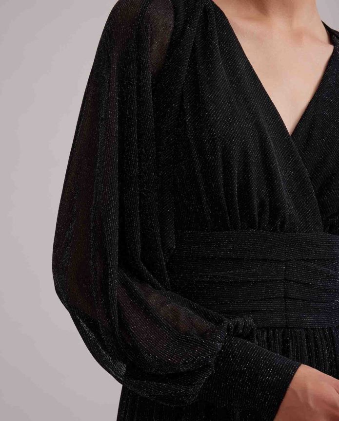 ملابس عبد اللطيف Anne Fontaine نحيف فستان رومانسي، ثوب طويل بخيط معدني في جميع الأنحاء وبوليرو قصير الفضة السوداء T622DL108