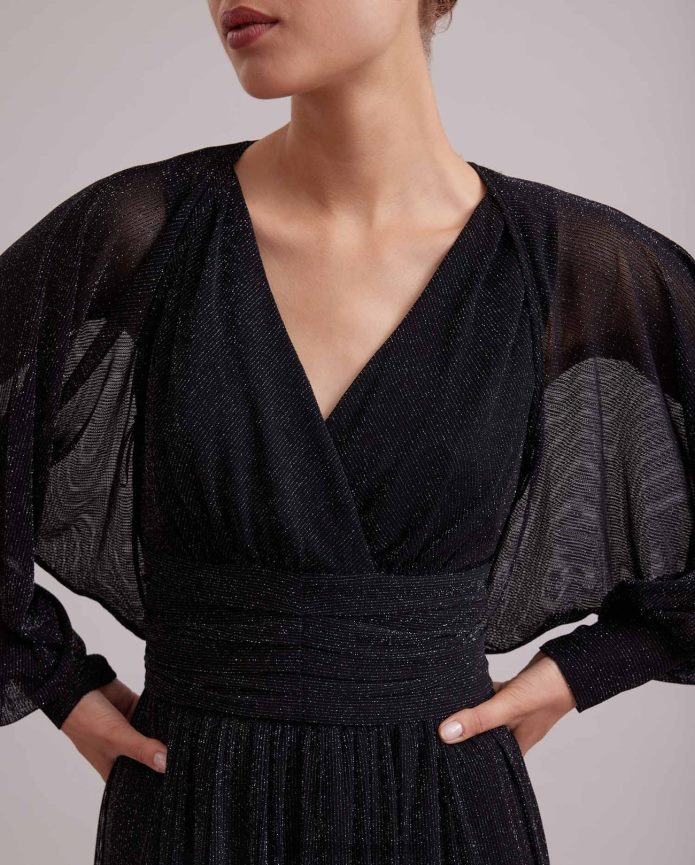 ملابس عبد اللطيف Anne Fontaine نحيف فستان رومانسي، ثوب طويل بخيط معدني في جميع الأنحاء وبوليرو قصير الفضة السوداء T622DL108