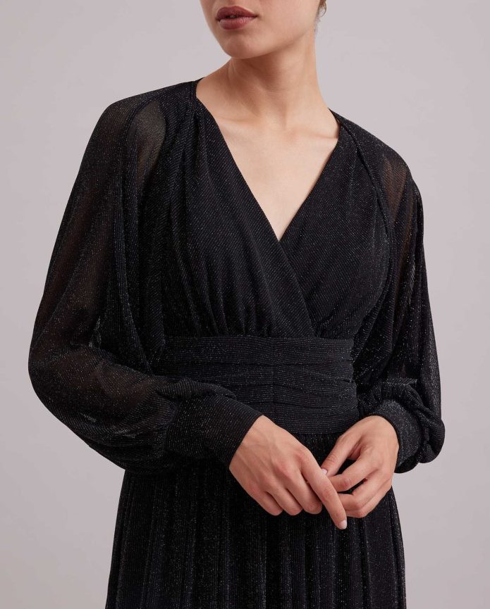 ملابس عبد اللطيف Anne Fontaine نحيف فستان رومانسي، ثوب طويل بخيط معدني في جميع الأنحاء وبوليرو قصير الفضة السوداء T622DL108