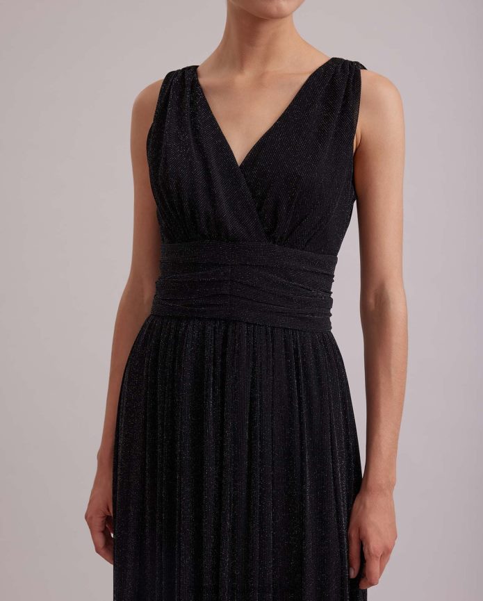 ملابس عبد اللطيف Anne Fontaine نحيف فستان رومانسي، ثوب طويل بخيط معدني في جميع الأنحاء وبوليرو قصير الفضة السوداء T622DL108