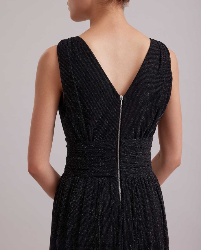 ملابس عبد اللطيف Anne Fontaine نحيف فستان رومانسي، ثوب طويل بخيط معدني في جميع الأنحاء وبوليرو قصير الفضة السوداء T622DL108