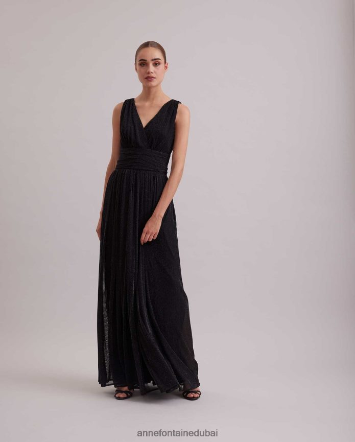 ملابس عبد اللطيف Anne Fontaine نحيف فستان رومانسي، ثوب طويل بخيط معدني في جميع الأنحاء وبوليرو قصير الفضة السوداء T622DL108