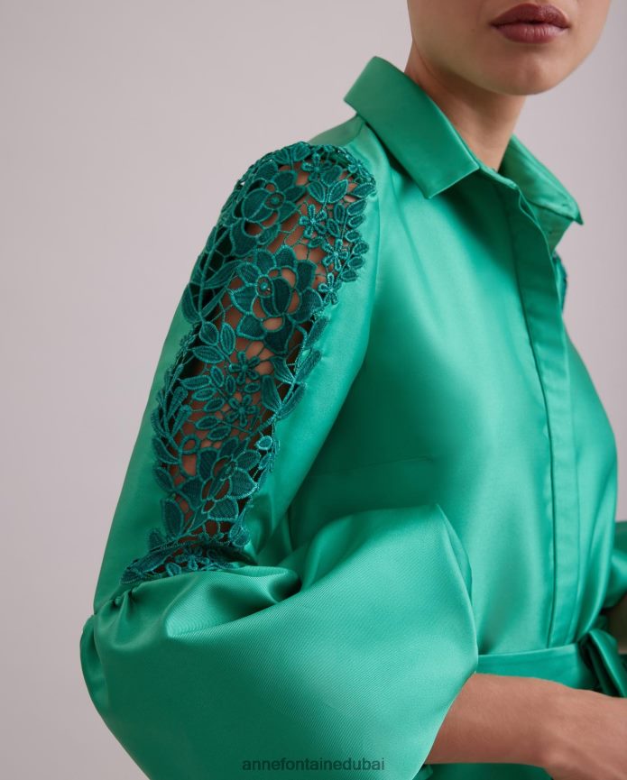 ملابس عبد اللطيف Anne Fontaine نحيف فستان كومتيس فستان طويل من الساتان بأكمام منتفخة من الدانتيل نعناع T622DL109