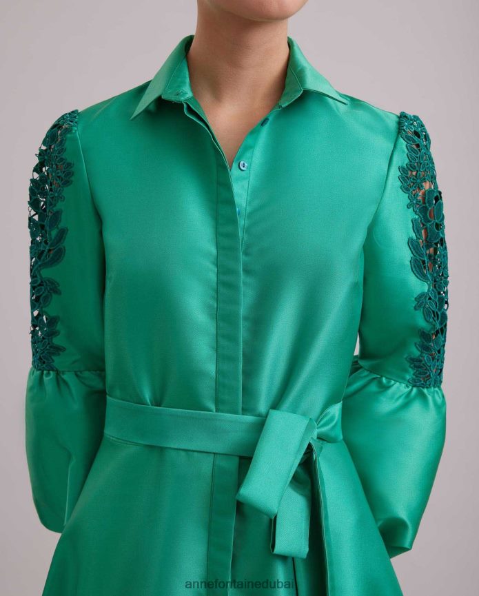 ملابس عبد اللطيف Anne Fontaine نحيف فستان كومتيس فستان طويل من الساتان بأكمام منتفخة من الدانتيل نعناع T622DL109