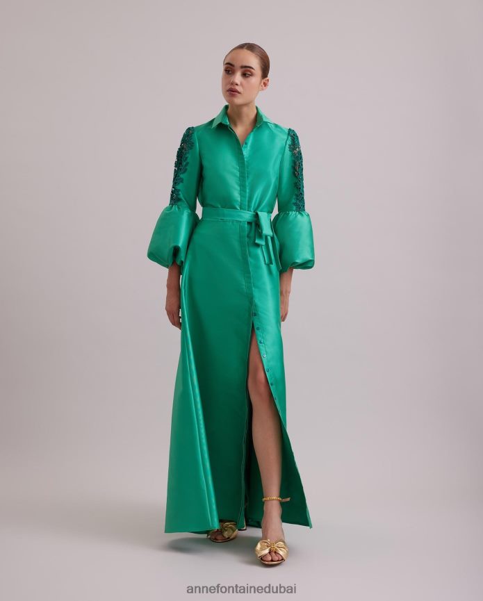 ملابس عبد اللطيف Anne Fontaine نحيف فستان كومتيس فستان طويل من الساتان بأكمام منتفخة من الدانتيل نعناع T622DL109