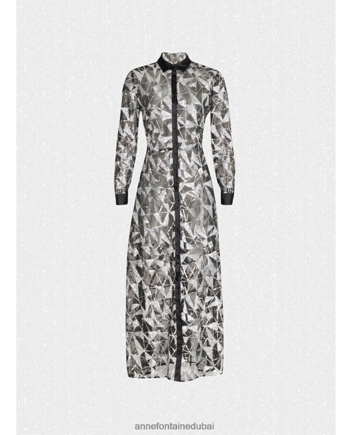 ملابس عبد اللطيف Anne Fontaine نحيف فستان مندولين فستان طويل الأكمام شفاف مع الترتر المطرز أسود T622DL110