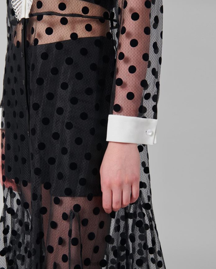 ملابس عبد اللطيف Anne Fontaine نحيف فستان تانجو فستان شبكي شفاف بأكمام طويلة مع نقاط بولكا مخملية أسود T622DL111
