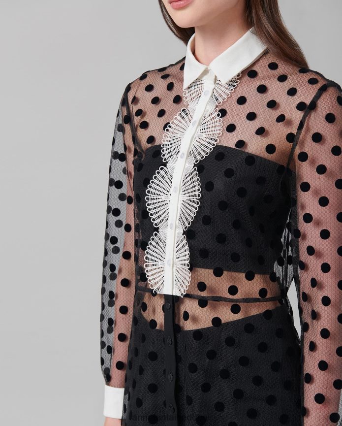 ملابس عبد اللطيف Anne Fontaine نحيف فستان تانجو فستان شبكي شفاف بأكمام طويلة مع نقاط بولكا مخملية أسود T622DL111