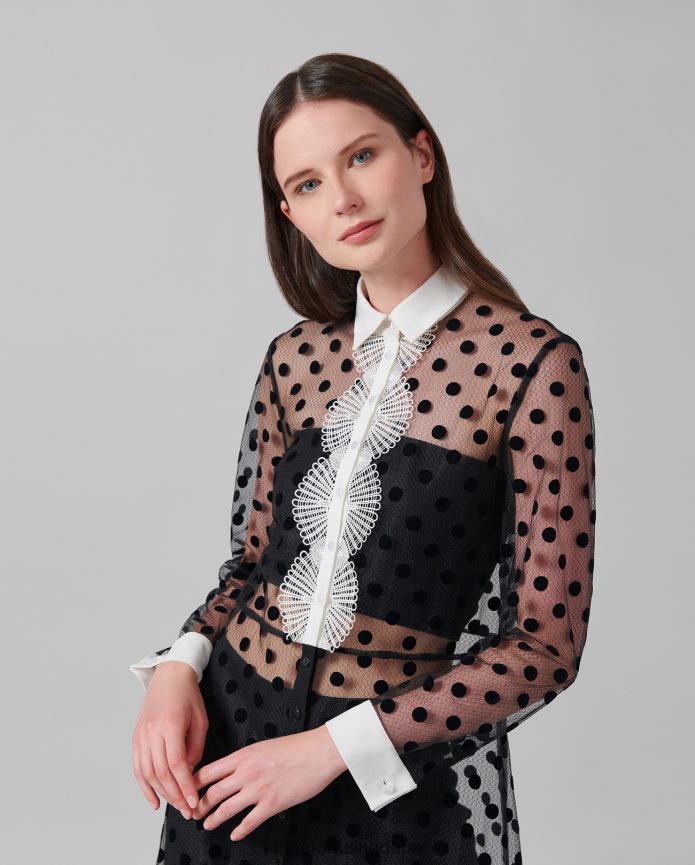 ملابس عبد اللطيف Anne Fontaine نحيف فستان تانجو فستان شبكي شفاف بأكمام طويلة مع نقاط بولكا مخملية أسود T622DL111