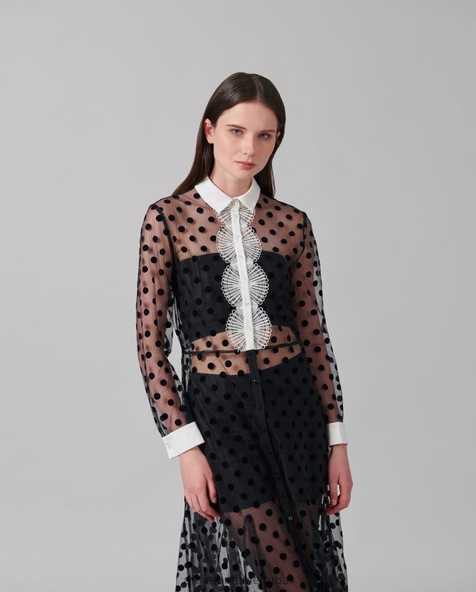 ملابس عبد اللطيف Anne Fontaine نحيف فستان تانجو فستان شبكي شفاف بأكمام طويلة مع نقاط بولكا مخملية أسود T622DL111