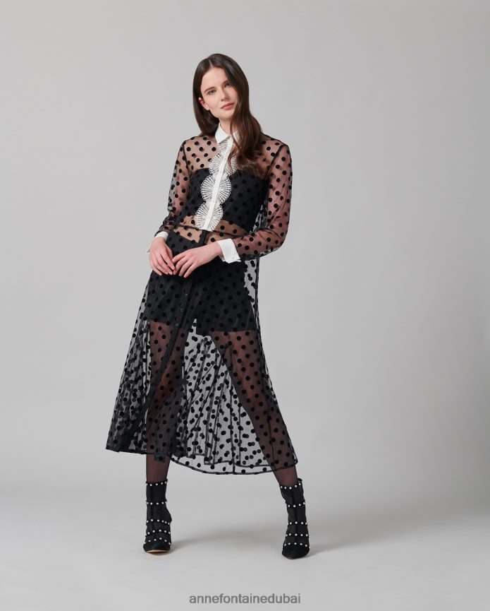 ملابس عبد اللطيف Anne Fontaine نحيف فستان تانجو فستان شبكي شفاف بأكمام طويلة مع نقاط بولكا مخملية أسود T622DL111