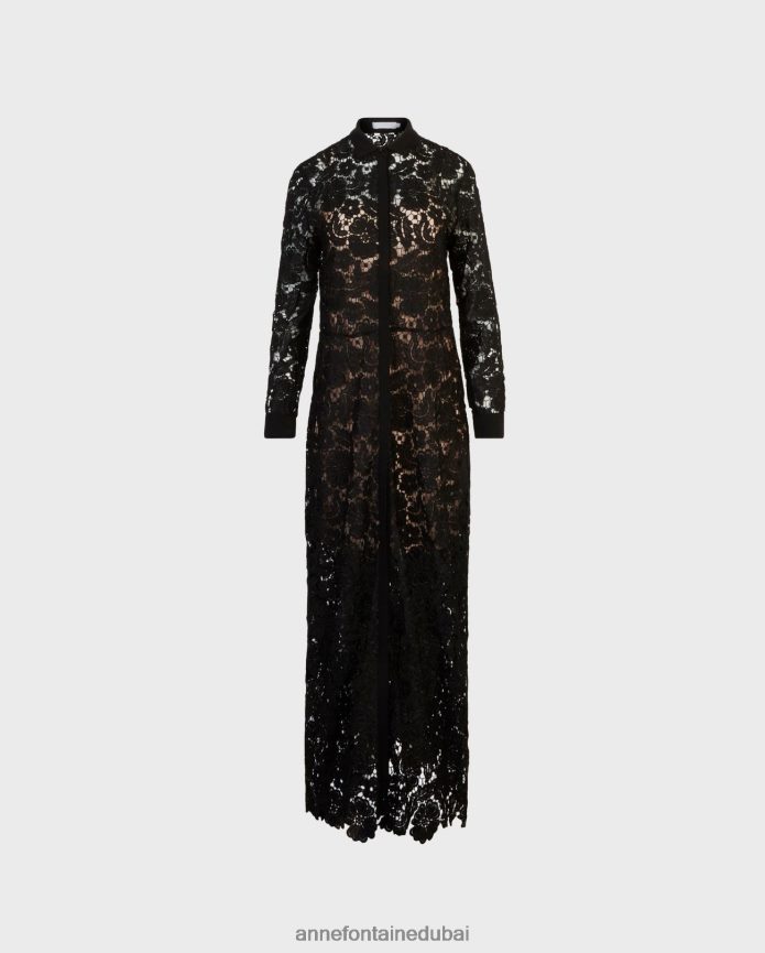 ملابس عبد اللطيف Anne Fontaine نحيف فستان فيوليتا، فستان طويل من الدانتيل الزهري شبه الشفاف أسود T622DL112