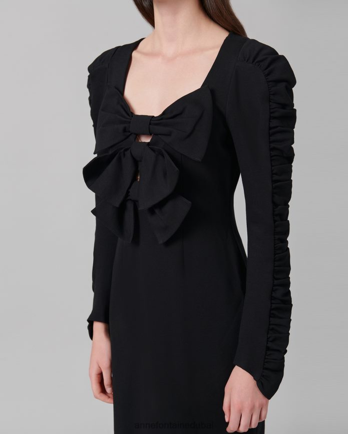 ملابس عبد اللطيف Anne Fontaine نحيف فستان سيمفوني فستان طويل الأكمام مع أقواس بيان أسود T622DL113