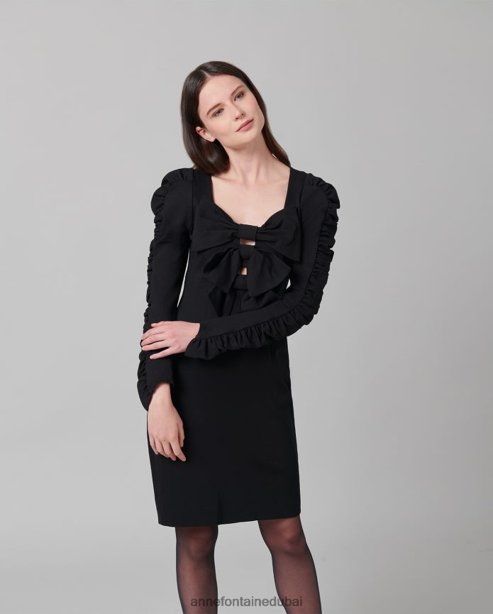 ملابس عبد اللطيف Anne Fontaine نحيف فستان سيمفوني فستان طويل الأكمام مع أقواس بيان أسود T622DL113