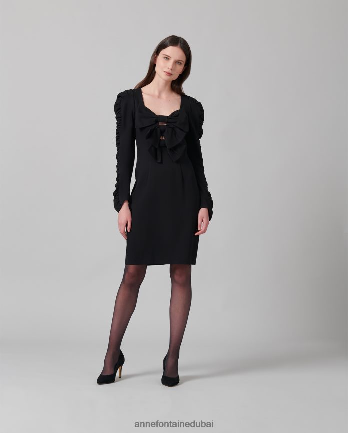 ملابس عبد اللطيف Anne Fontaine نحيف فستان سيمفوني فستان طويل الأكمام مع أقواس بيان أسود T622DL113