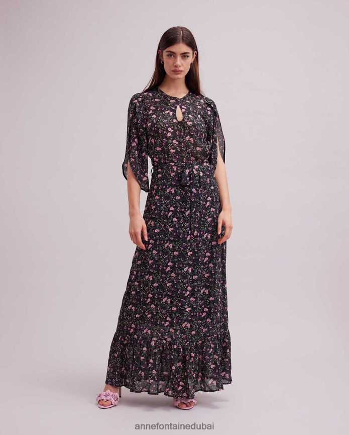 ملابس عبد اللطيف Anne Fontaine نحيف فستان بيسكاي، فستان ماكسي بطبعات زهور وأكمام مرفرفة أسود T622DL117