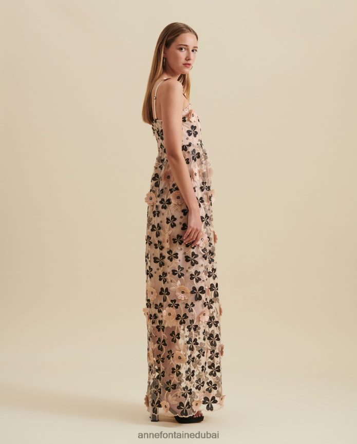 ملابس عبد اللطيف Anne Fontaine نحيف فستان بلهارا فستان طويل شبه شفاف مع زخارف نباتية ثلاثية الأبعاد أسود/بيج/ذهبي T622DL118
