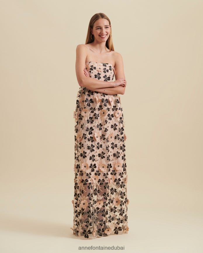 ملابس عبد اللطيف Anne Fontaine نحيف فستان بلهارا فستان طويل شبه شفاف مع زخارف نباتية ثلاثية الأبعاد أسود/بيج/ذهبي T622DL118