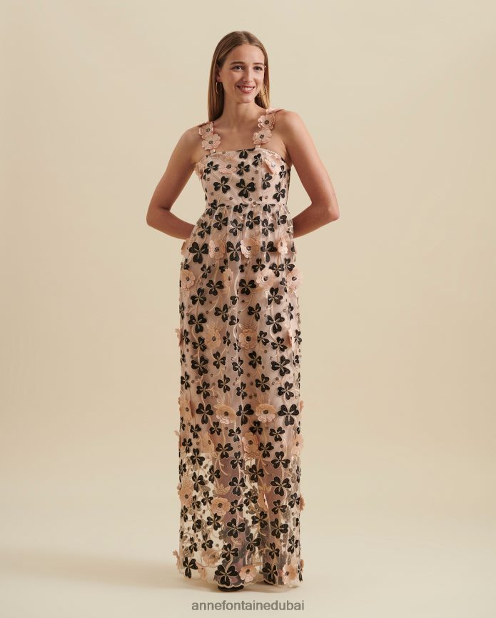 ملابس عبد اللطيف Anne Fontaine نحيف فستان بلهارا فستان طويل شبه شفاف مع زخارف نباتية ثلاثية الأبعاد أسود/بيج/ذهبي T622DL118