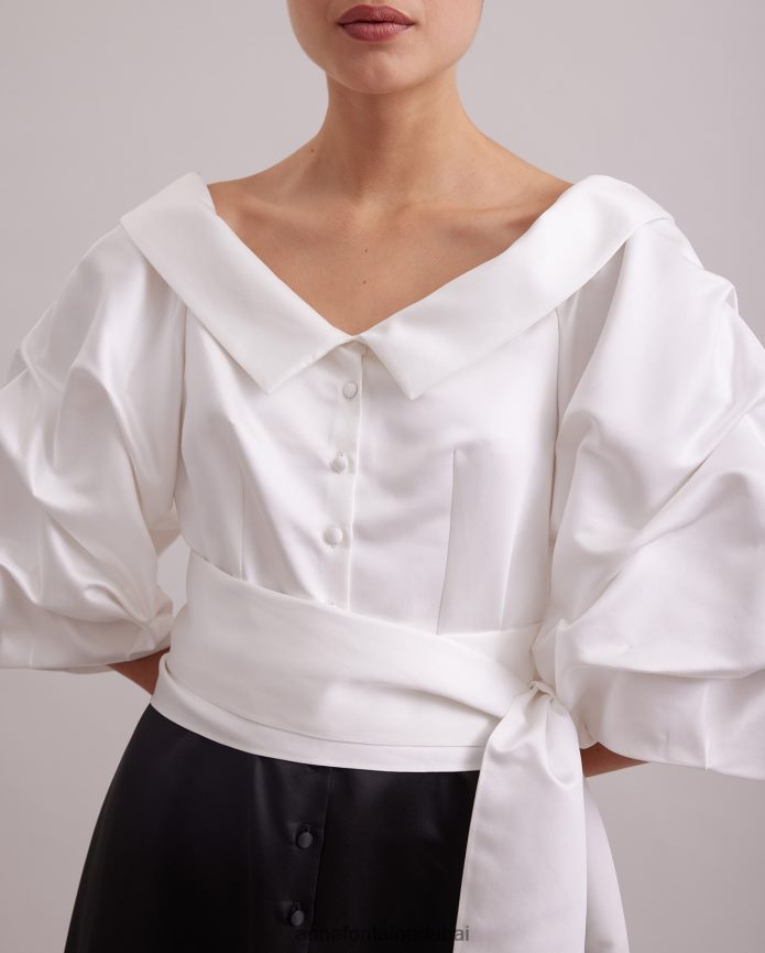 ملابس عبد اللطيف Anne Fontaine نحيف فستان دراما طويل وفستان من الساتان بياقة مدببة أسود/أبيض T622DL119