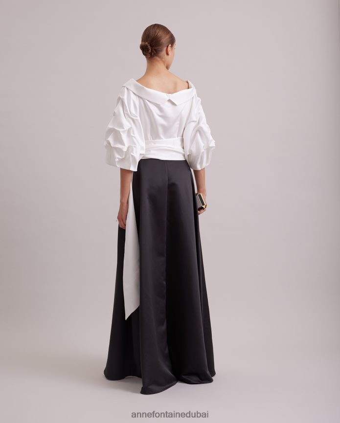 ملابس عبد اللطيف Anne Fontaine نحيف فستان دراما طويل وفستان من الساتان بياقة مدببة أسود/أبيض T622DL119