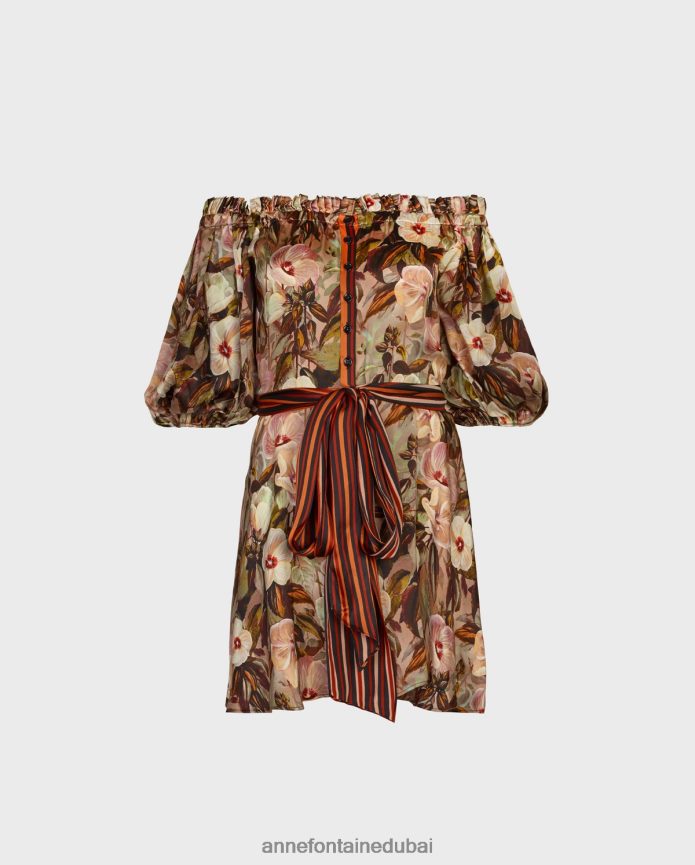 ملابس عبد اللطيف Anne Fontaine نحيف فستان ضيق من الحرير بطبعات الأزهار مع فتحة كتف وأزرار متباينة وحزام بني T622DL120