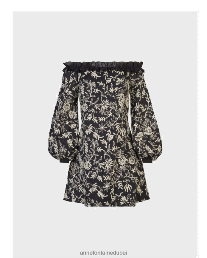 ملابس عبد اللطيف Anne Fontaine نحيف فستان سيجال وفستان قصير بأكتاف منسدلة على شكل زهور أسود/أبيض T622DL121