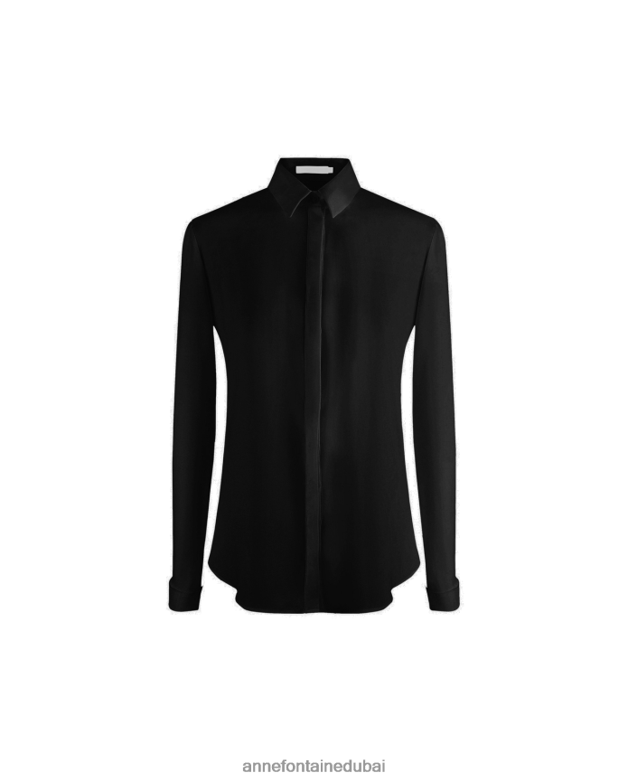 ملابس عبد اللطيف Anne Fontaine نحيف قميص ساجاني قميص كريب بأكمام طويلة مع أساور فرنسية أسود T622DL124