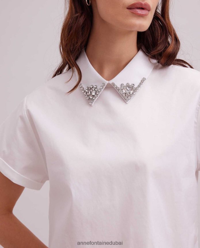 ملابس عبد اللطيف Anne Fontaine نحيف تي شيرت باستيد بأكمام قصيرة مع ياقة مرصعة بالجواهر أبيض T622DL125
